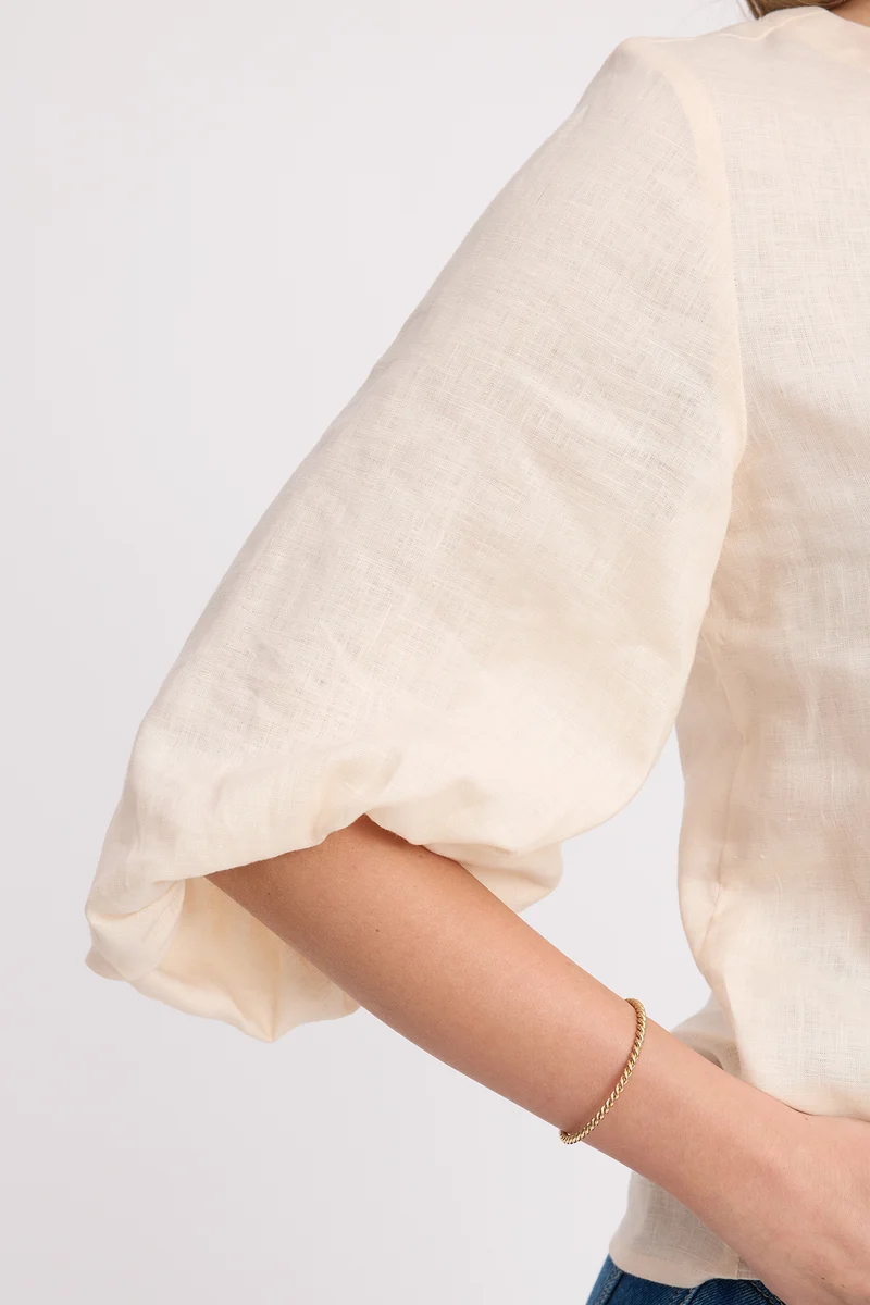 Binae|Linen Round Neck Blouson Sleeve Top