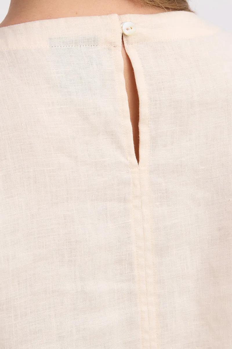 Binae|Linen Round Neck Blouson Sleeve Top