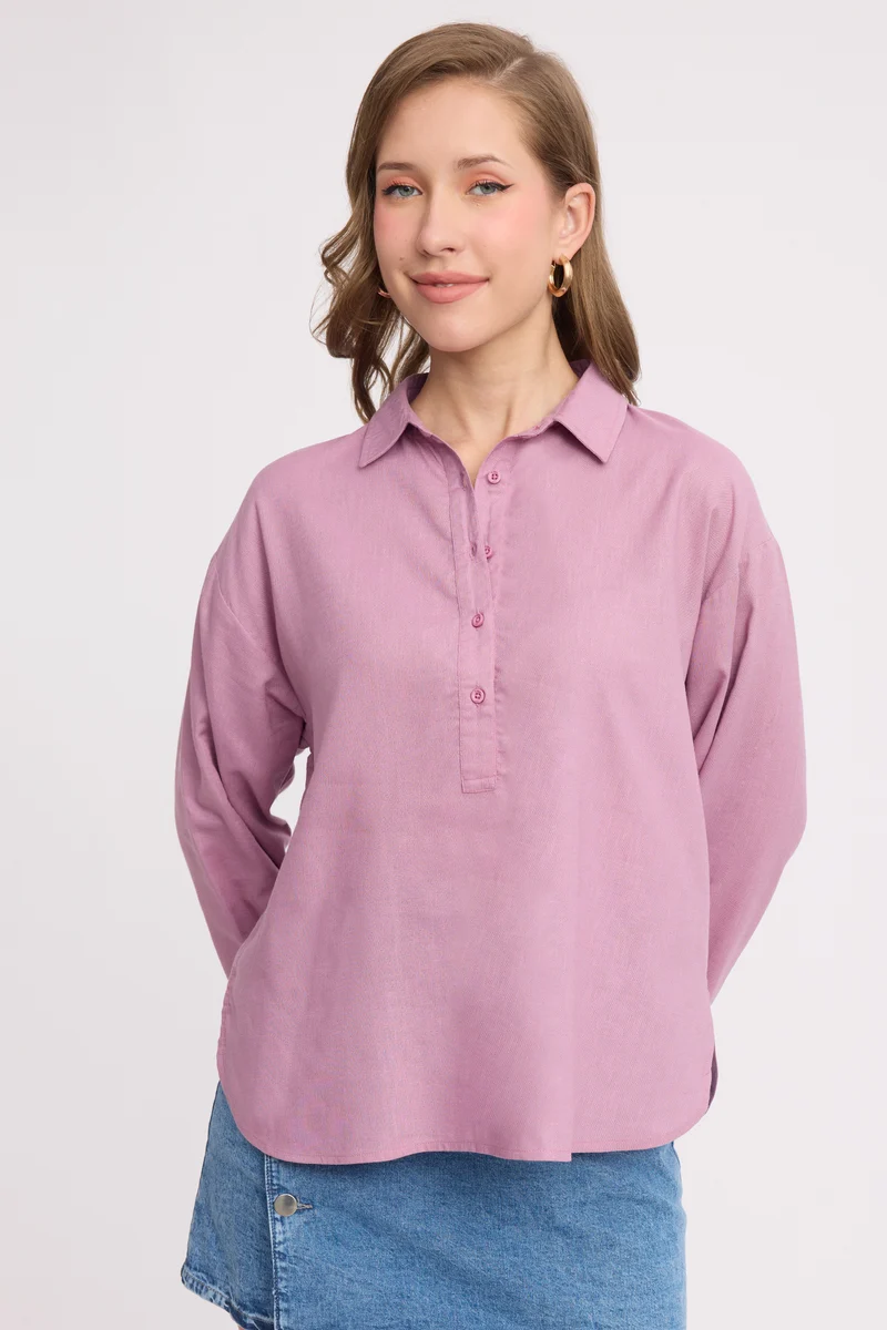 Muai|Linen Half Placket Oversized Top