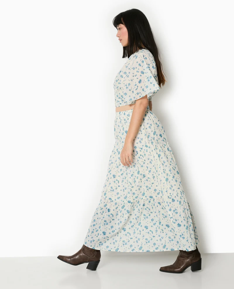 Jupe longue à étages motif fleurs