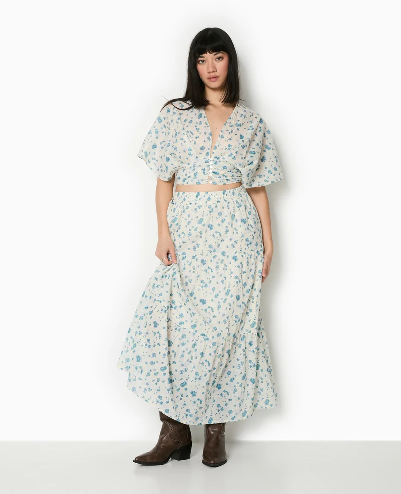 Jupe longue à étages motif fleurs