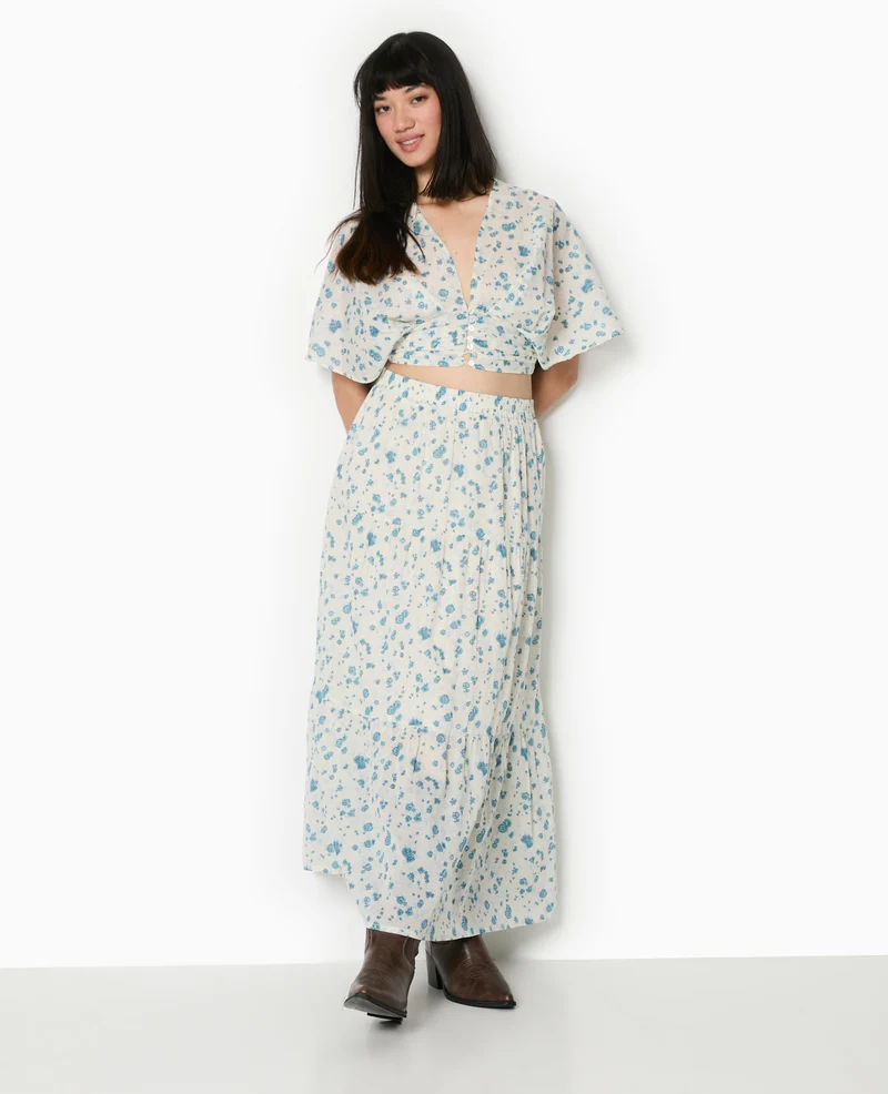 Jupe longue à étages motif fleurs