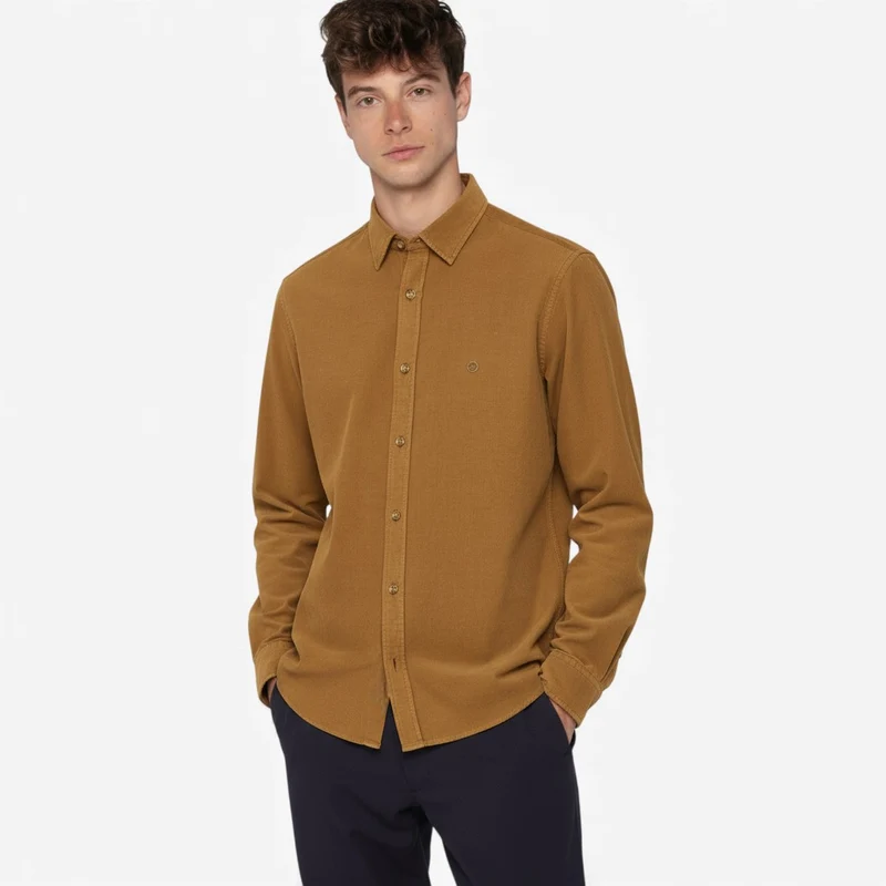 Chemise manches longues en coton unie velours marron noisette Charles