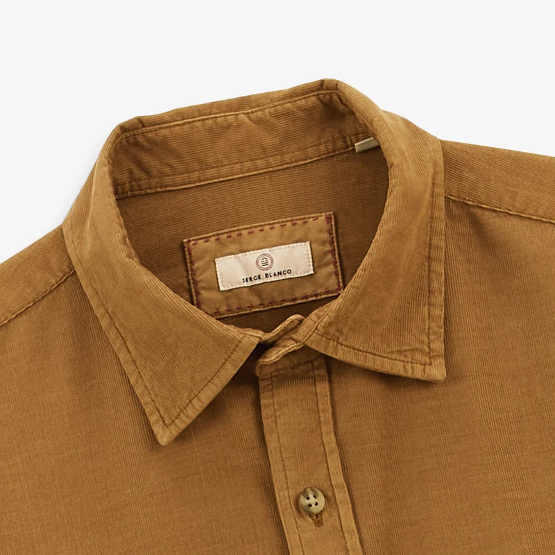 Chemise manches longues en coton unie velours marron noisette Charles