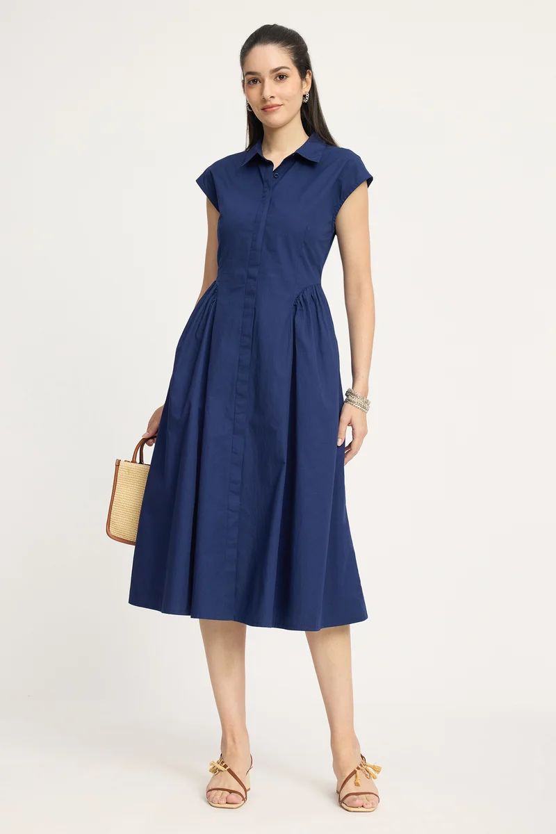 Kanuki|100% Cotton Gathered Shirt Midi Dress