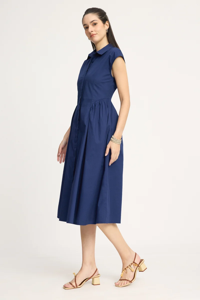 Kanuki|100% Cotton Gathered Shirt Midi Dress