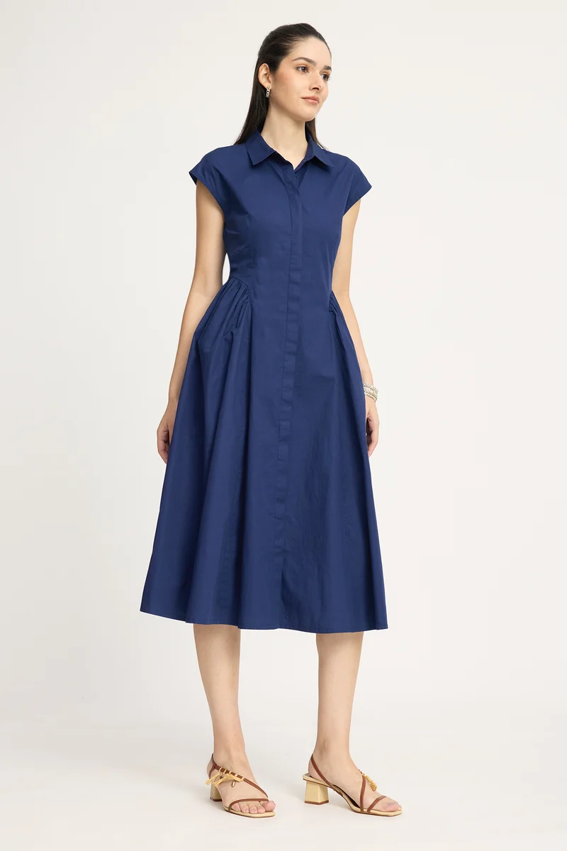Kanuki|100% Cotton Gathered Shirt Midi Dress