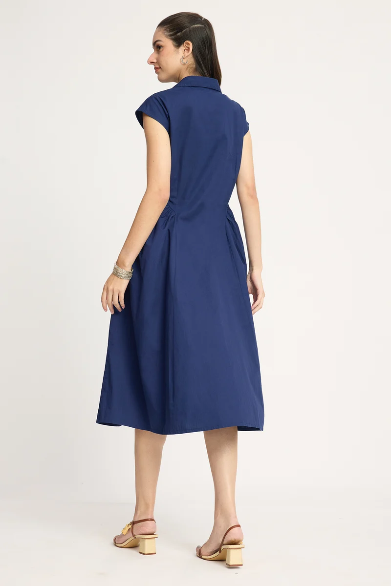 Kanuki|100% Cotton Gathered Shirt Midi Dress