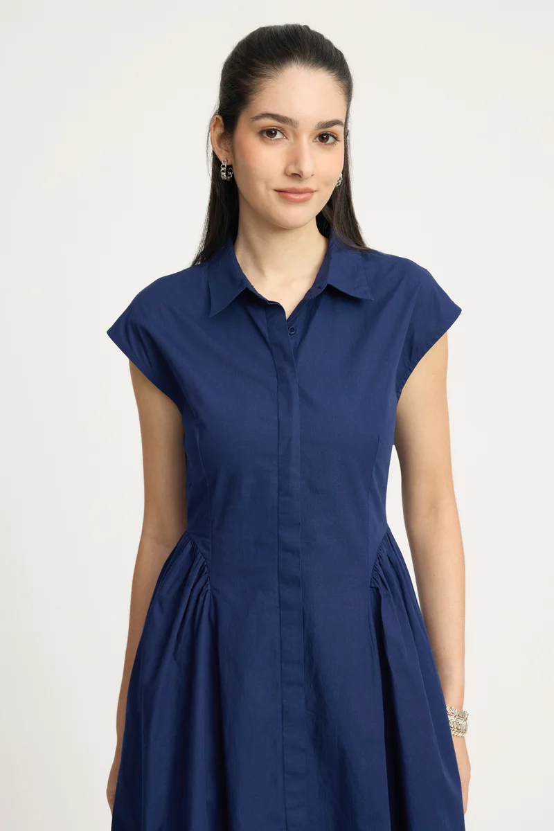 Kanuki|100% Cotton Gathered Shirt Midi Dress