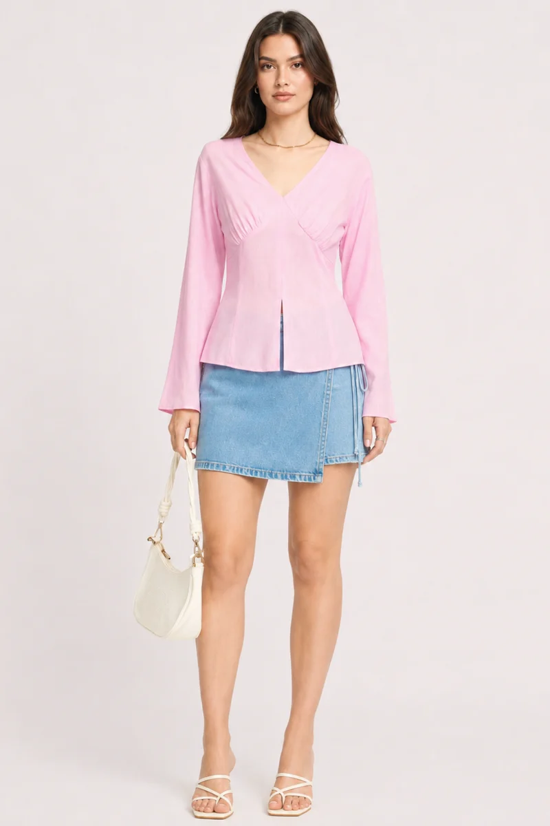 Reya|100% Viscose V-Neck Top With Bell Sleeves