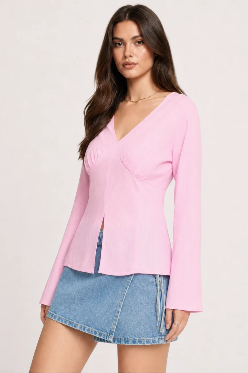 Reya|100% Viscose V-Neck Top With Bell Sleeves