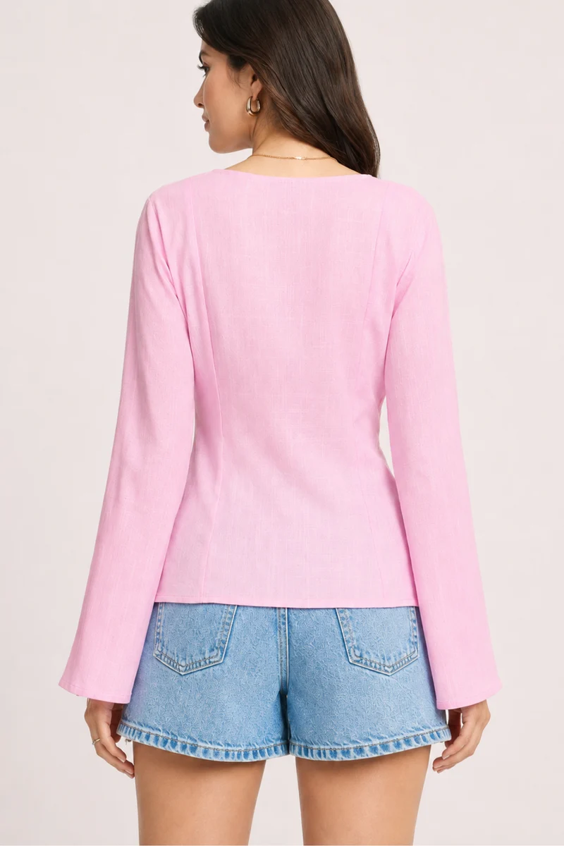 Reya|100% Viscose V-Neck Top With Bell Sleeves
