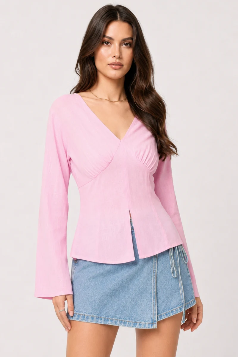 Reya|100% Viscose V-Neck Top With Bell Sleeves