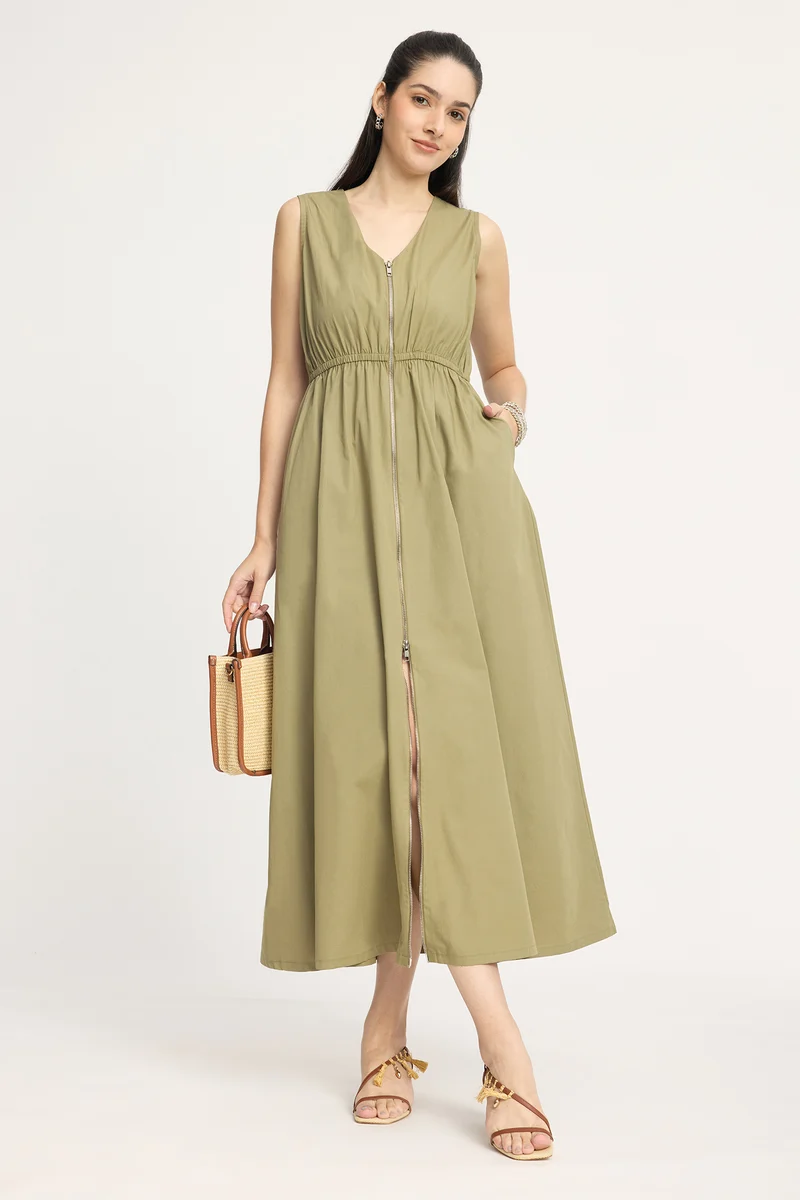 Alex|100% Cotton Front Zip Closure Maxi Dress