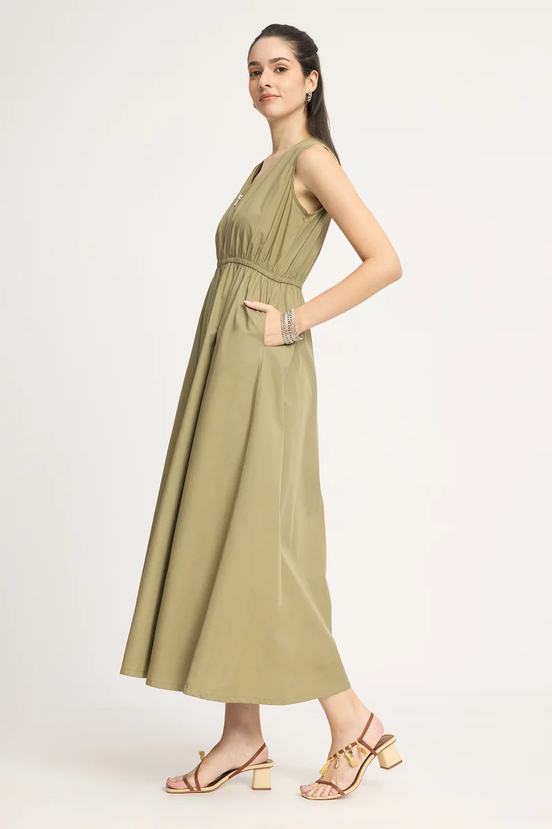 Alex|100% Cotton Front Zip Closure Maxi Dress