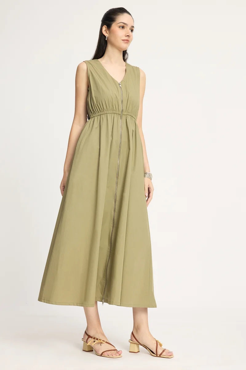 Alex|100% Cotton Front Zip Closure Maxi Dress