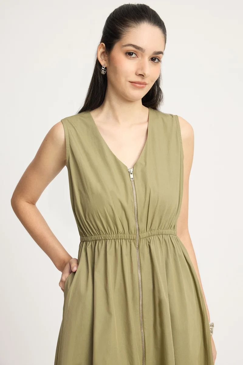 Alex|100% Cotton Front Zip Closure Maxi Dress