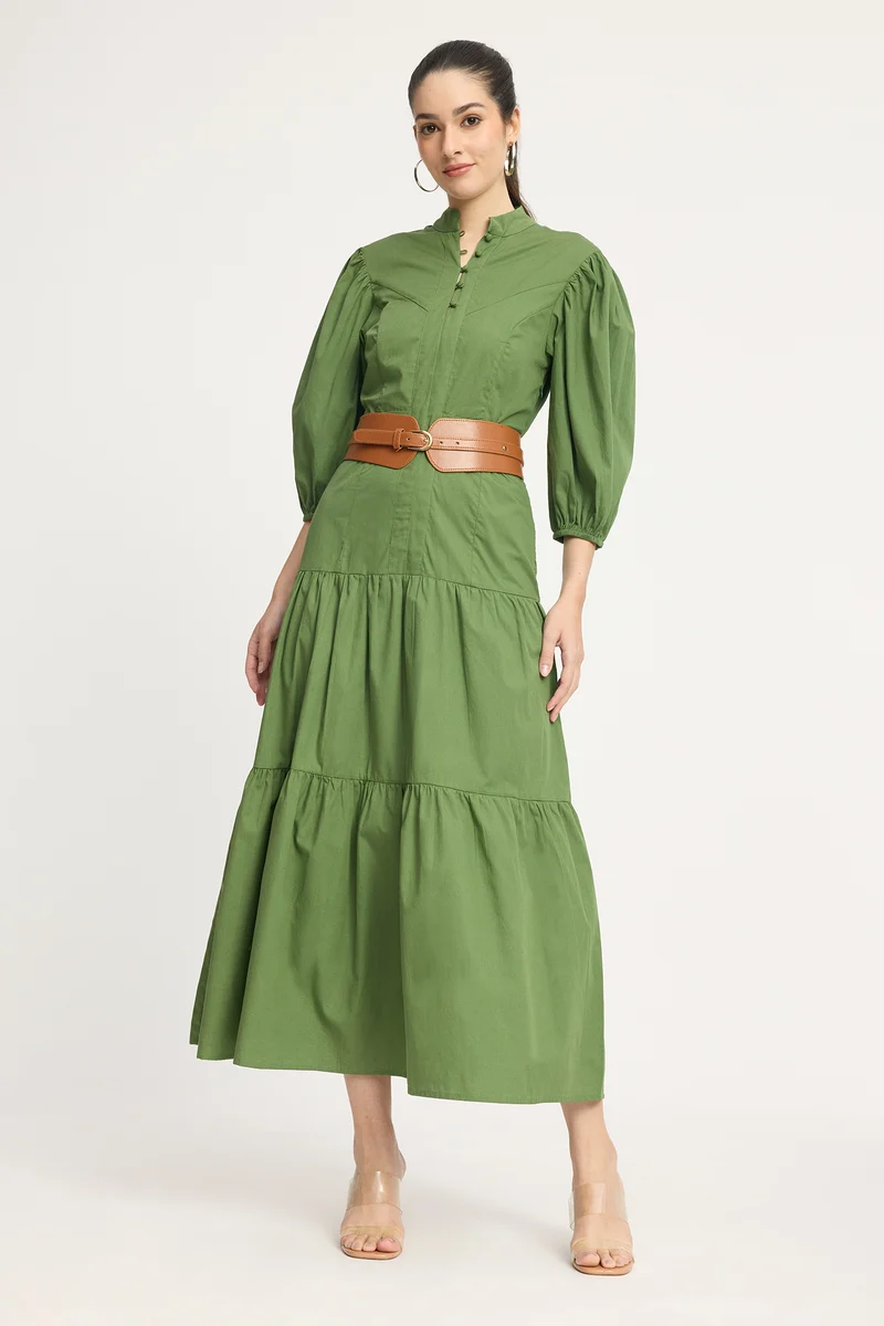 Hyunae|100% Cotton Puff Sleeve Maxi Tiered Dress