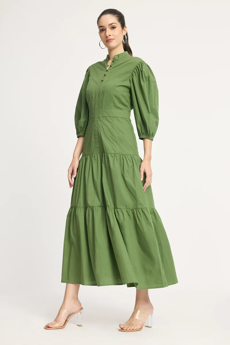 Hyunae|100% Cotton Puff Sleeve Maxi Tiered Dress
