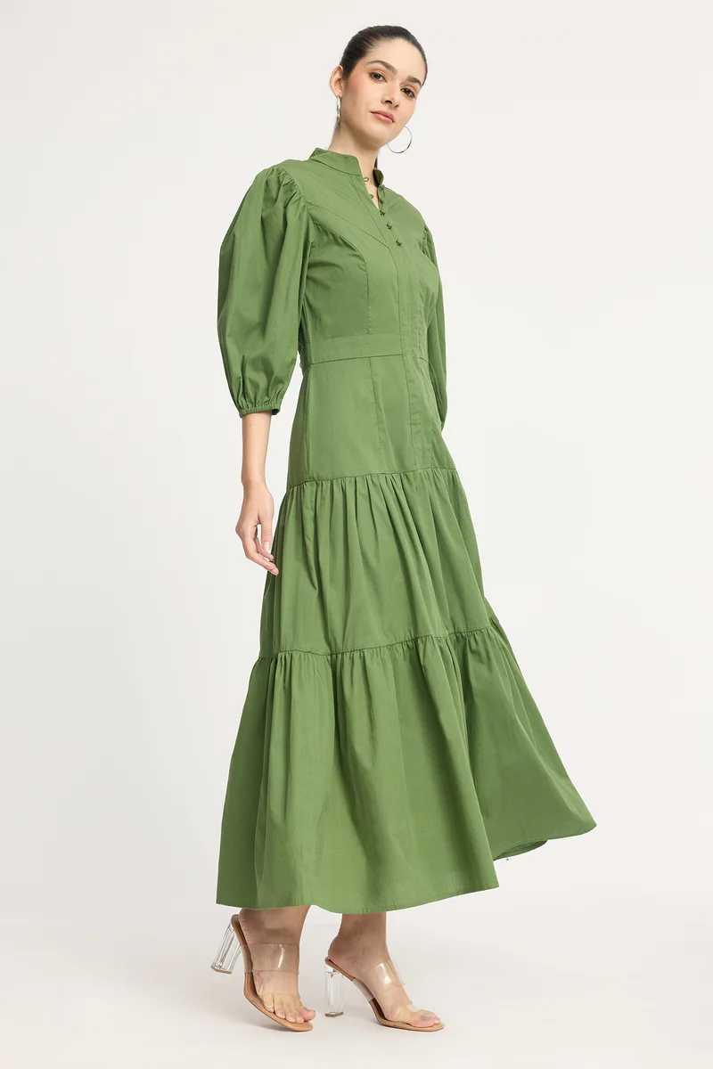 Hyunae|100% Cotton Puff Sleeve Maxi Tiered Dress