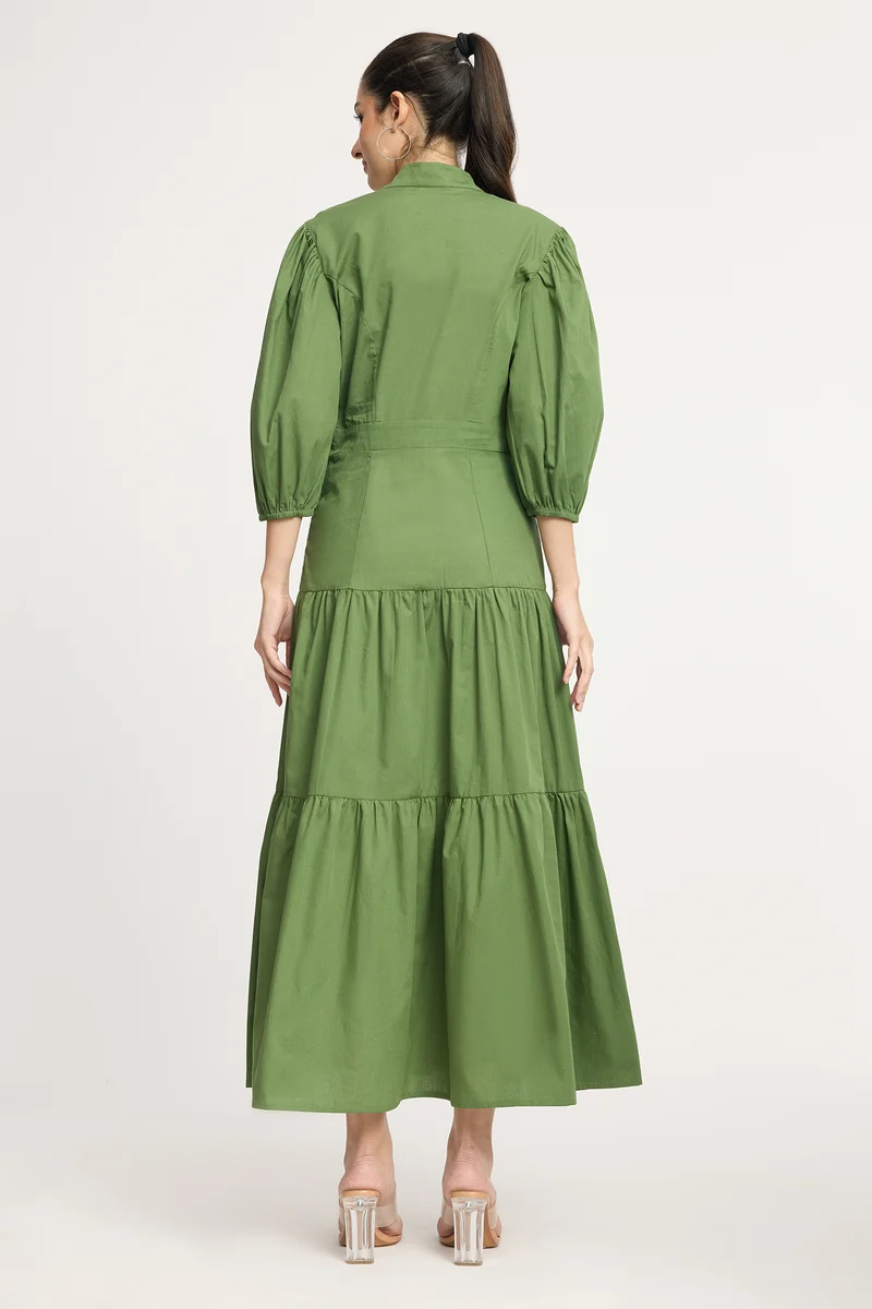 Hyunae|100% Cotton Puff Sleeve Maxi Tiered Dress