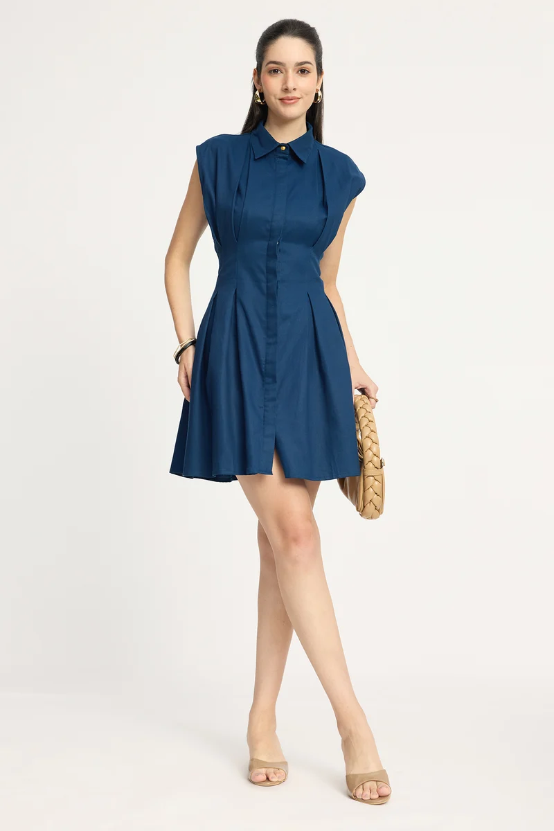 Hanii|100% Cotton Pleated Mini Shirt Dress