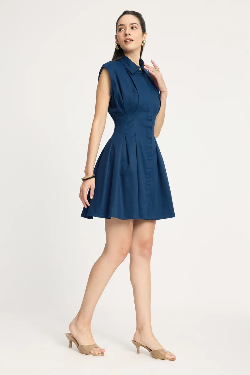 Hanii|100% Cotton Pleated Mini Shirt Dress
