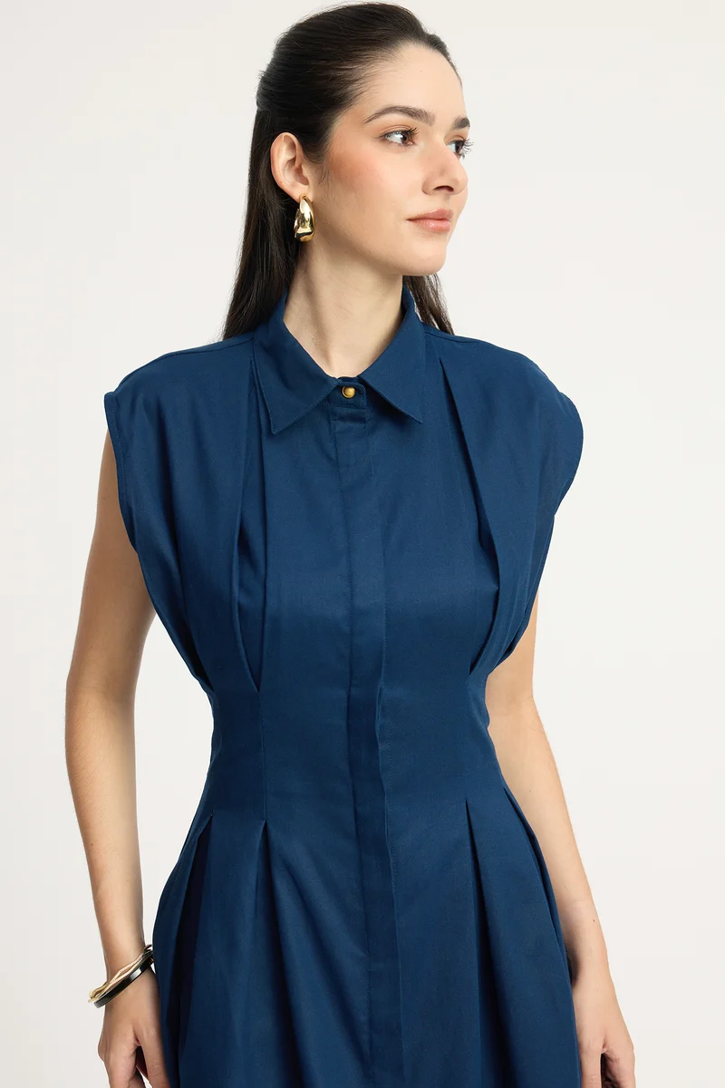Hanii|100% Cotton Pleated Mini Shirt Dress
