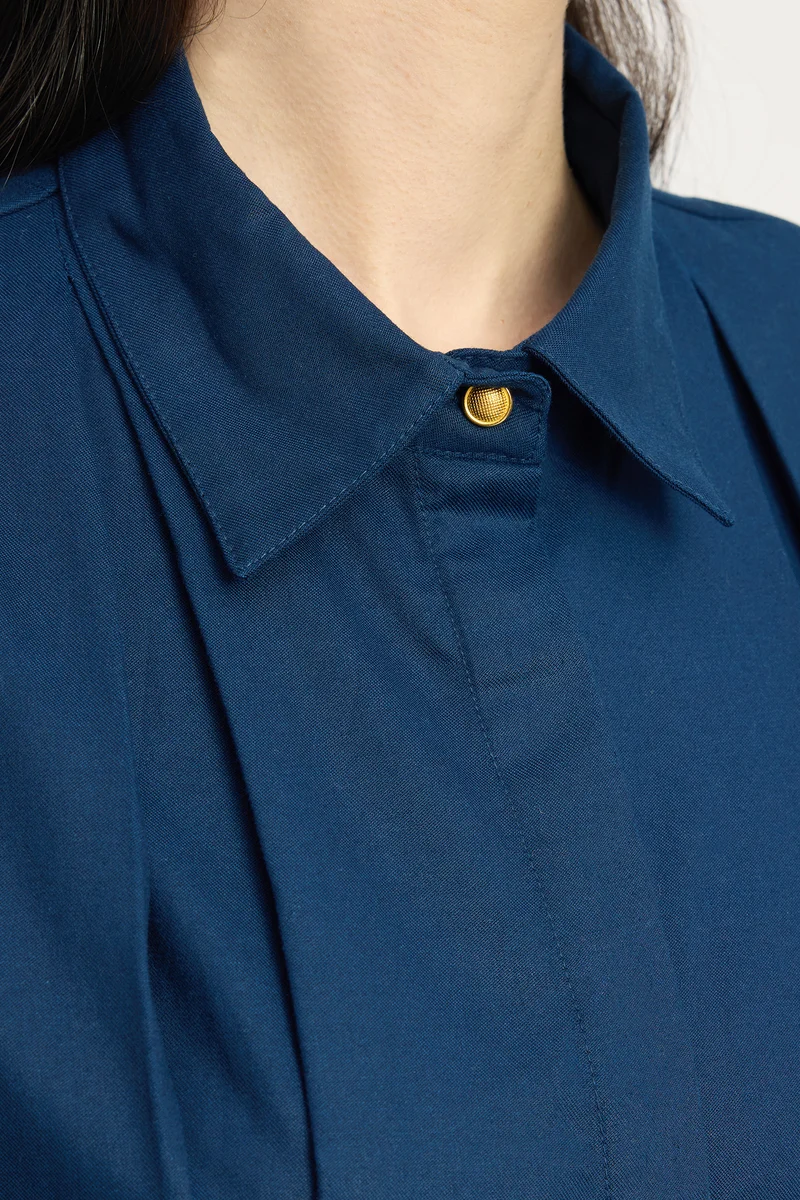 Hanii|100% Cotton Pleated Mini Shirt Dress