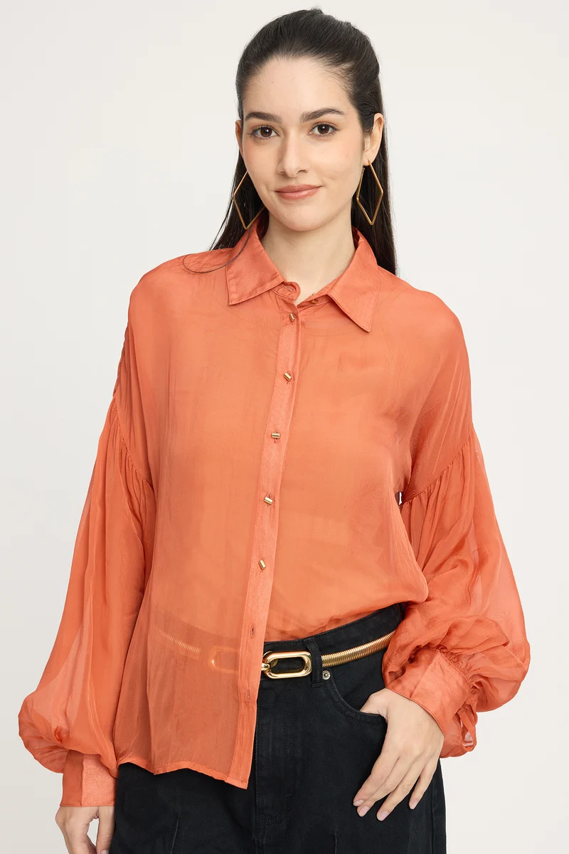 Kisnny|100% Viscose Balloon Sleeve Shirt