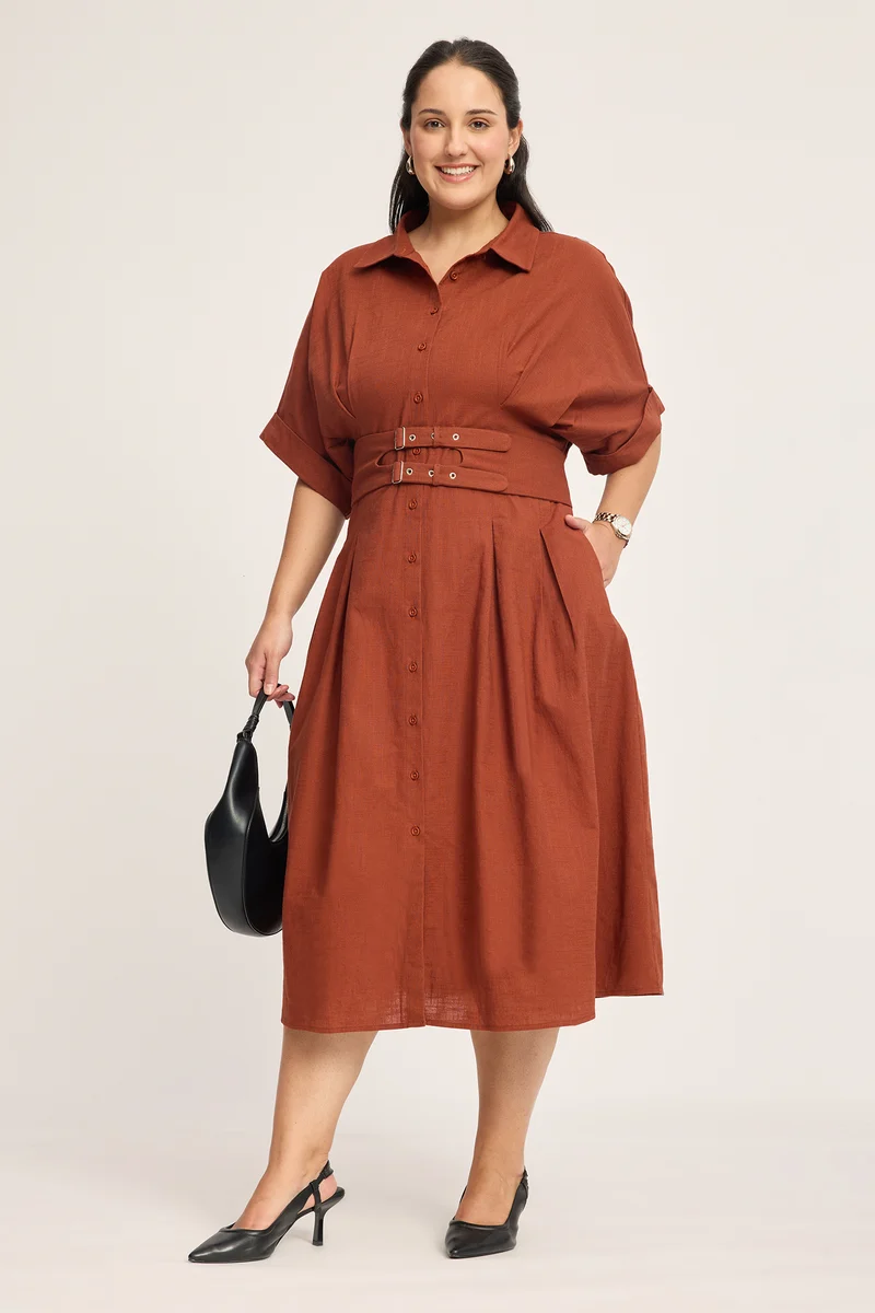 Delphine|100% Cotton Double Belted Midi Dress