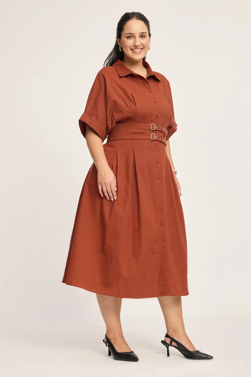 Delphine|100% Cotton Double Belted Midi Dress