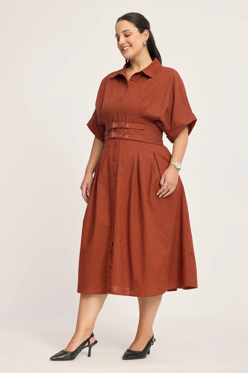 Delphine|100% Cotton Double Belted Midi Dress