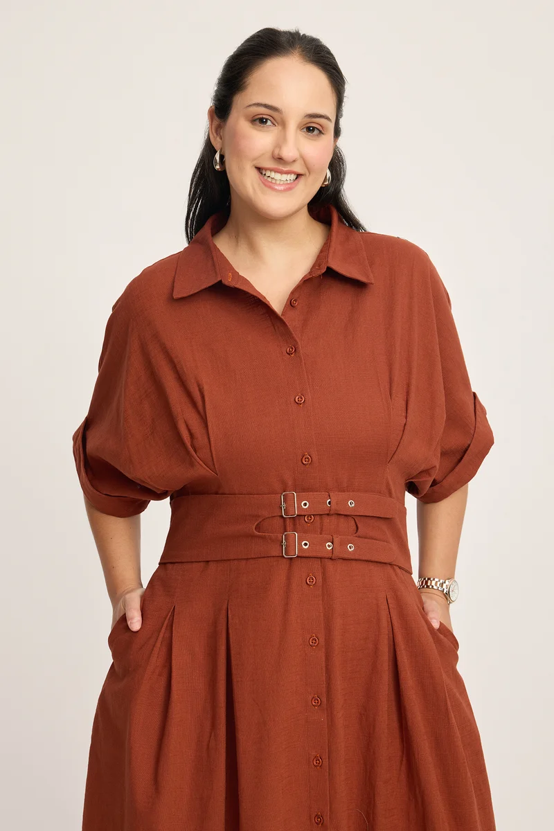 Delphine|100% Cotton Double Belted Midi Dress
