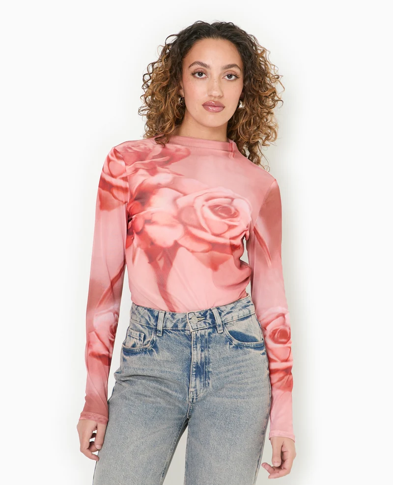 Top manches longues en résille motif roses