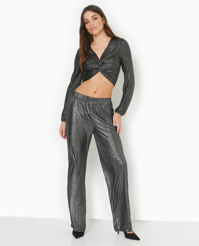 Pantalon fluide en tissu texturé avec lurex doré