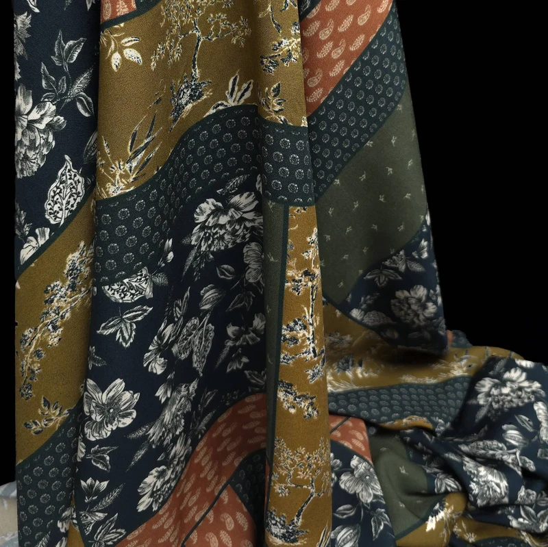 Challis de Viscose Floral style Patchwork | Moutarde, Bleu Marine & Olive