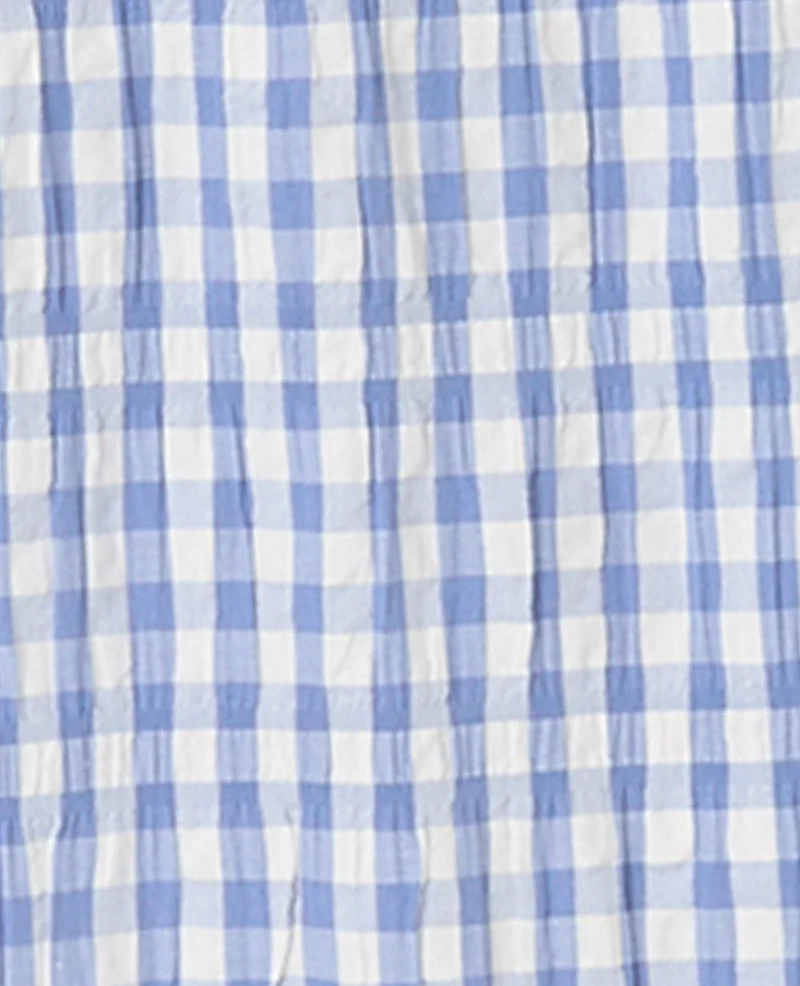 Pantalon droit en tissu gaufré motif vichy