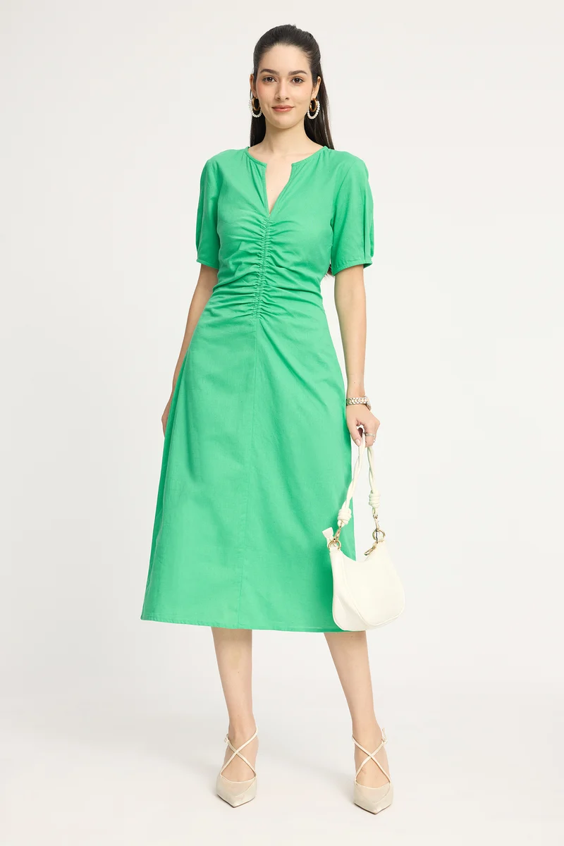 Kinnae|100% Cotton Ruched Midi Dress