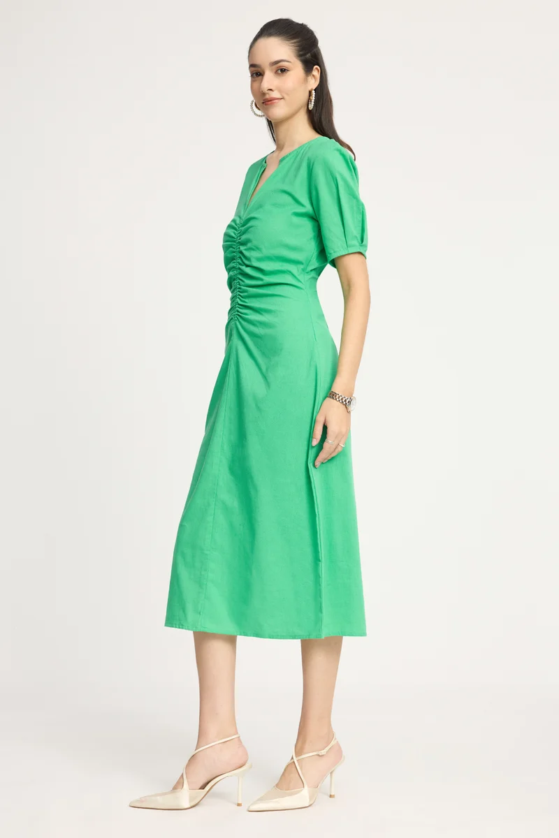 Kinnae|100% Cotton Ruched Midi Dress