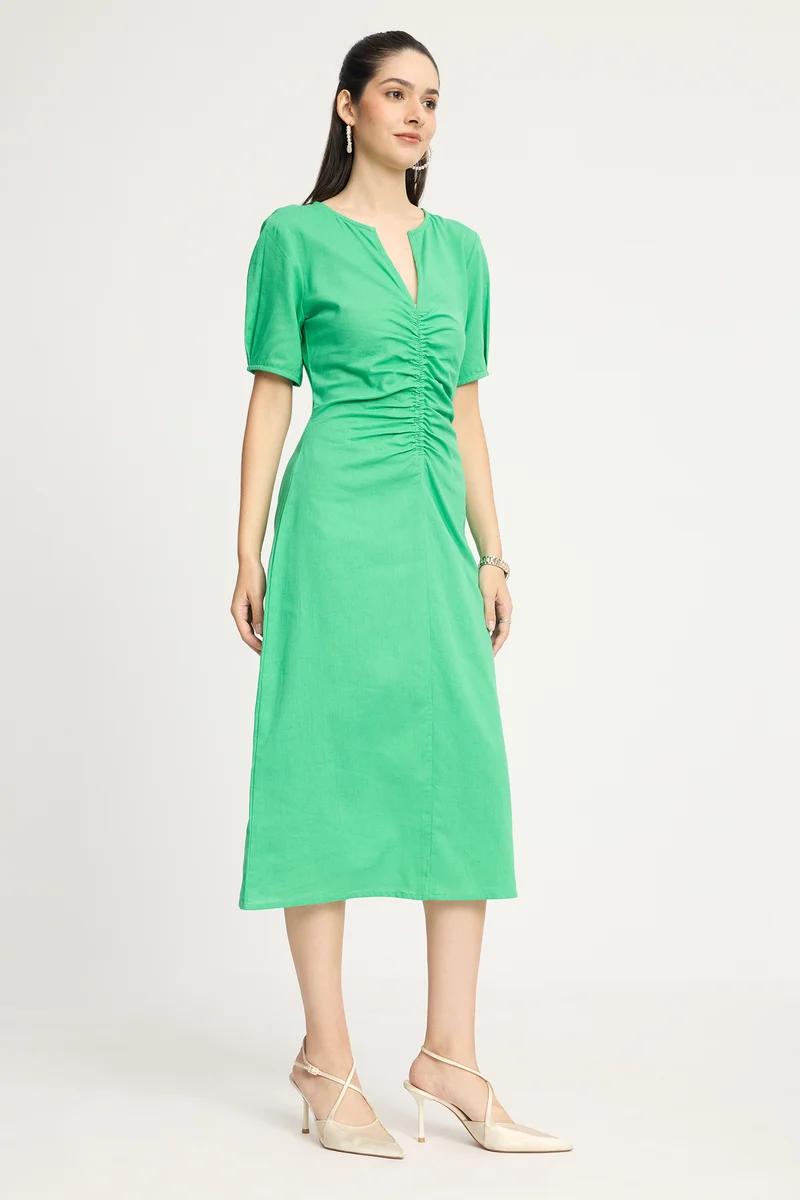 Kinnae|100% Cotton Ruched Midi Dress
