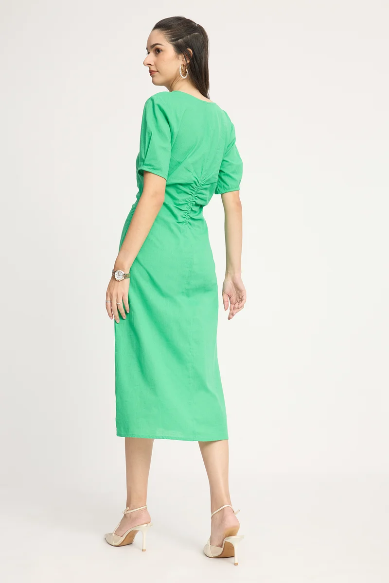 Kinnae|100% Cotton Ruched Midi Dress