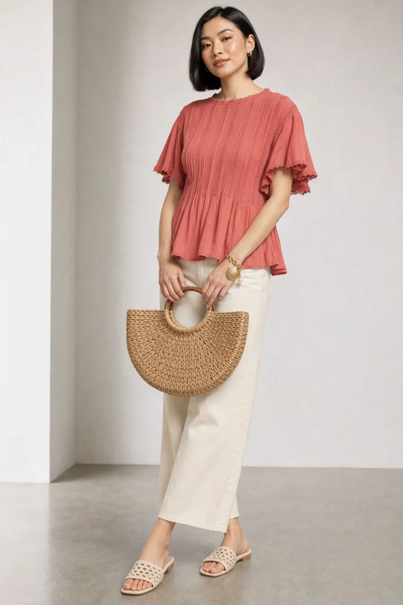Kisnae|100% Viscose Lace Panel Peplum Top