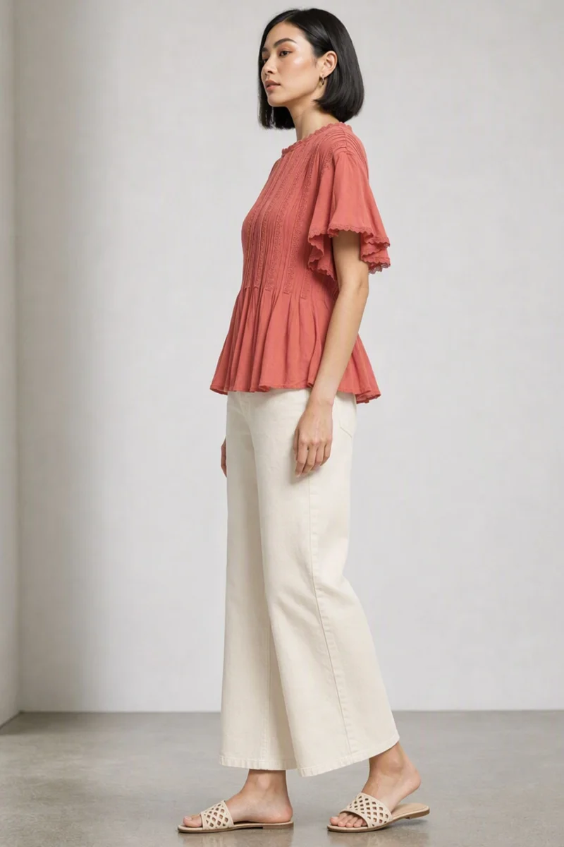 Kisnae|100% Viscose Lace Panel Peplum Top