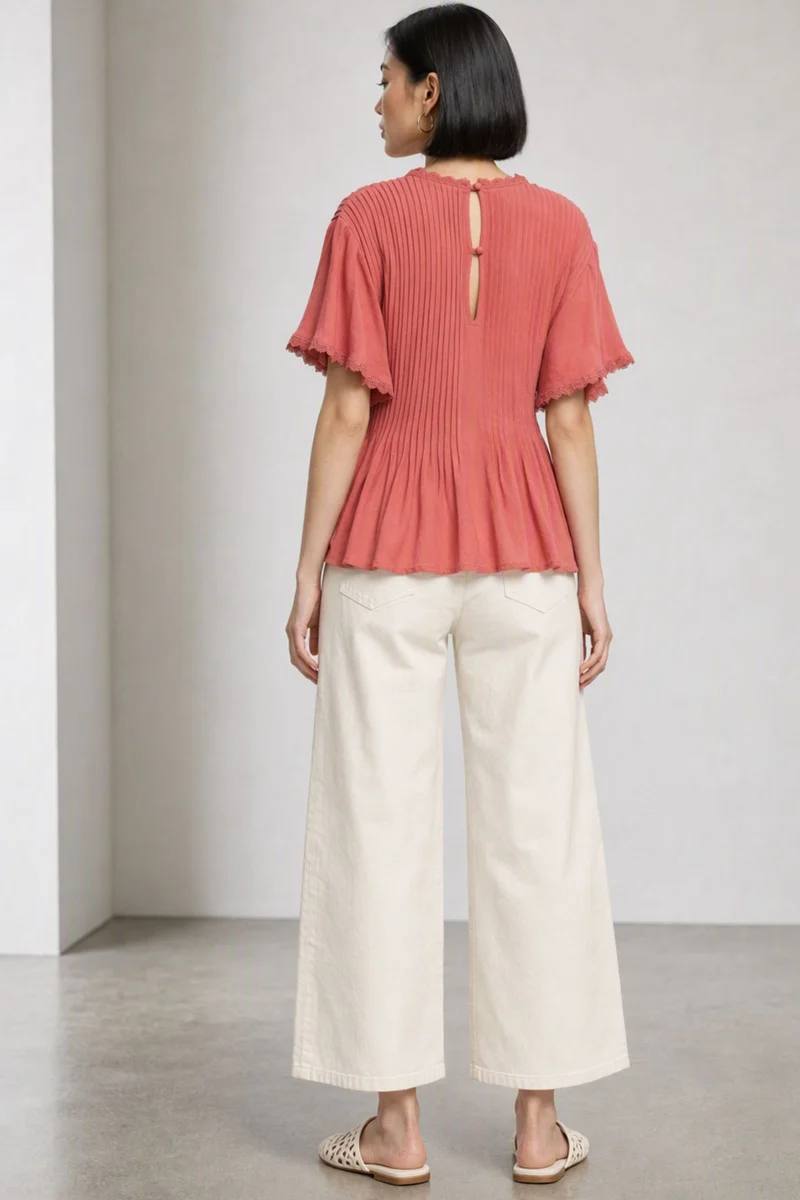 Kisnae|100% Viscose Lace Panel Peplum Top