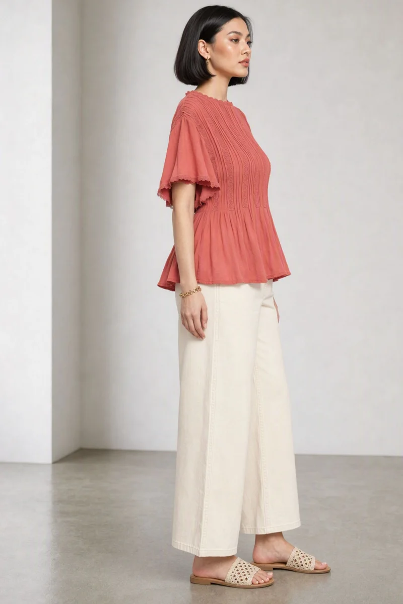 Kisnae|100% Viscose Lace Panel Peplum Top