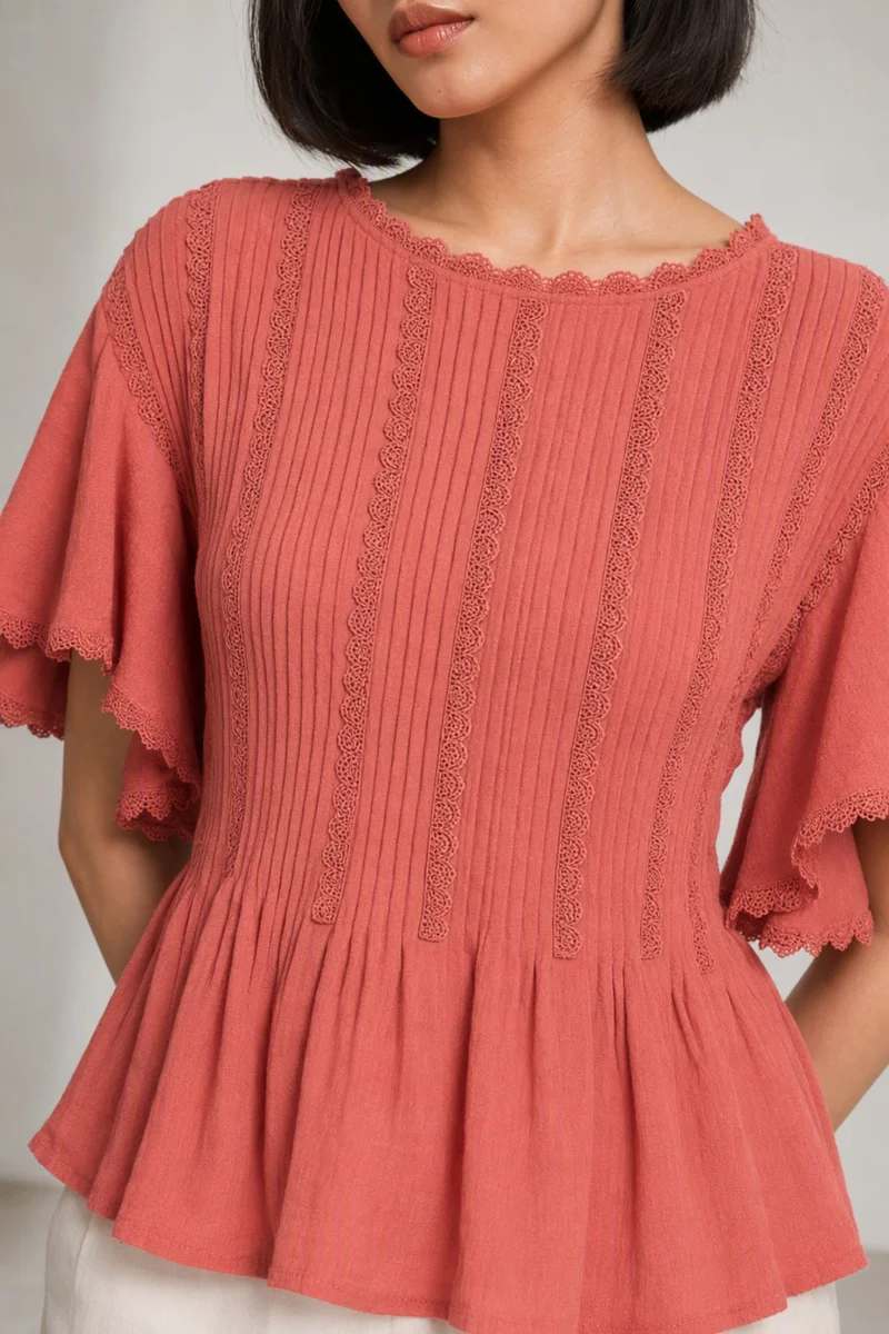 Kisnae|100% Viscose Lace Panel Peplum Top