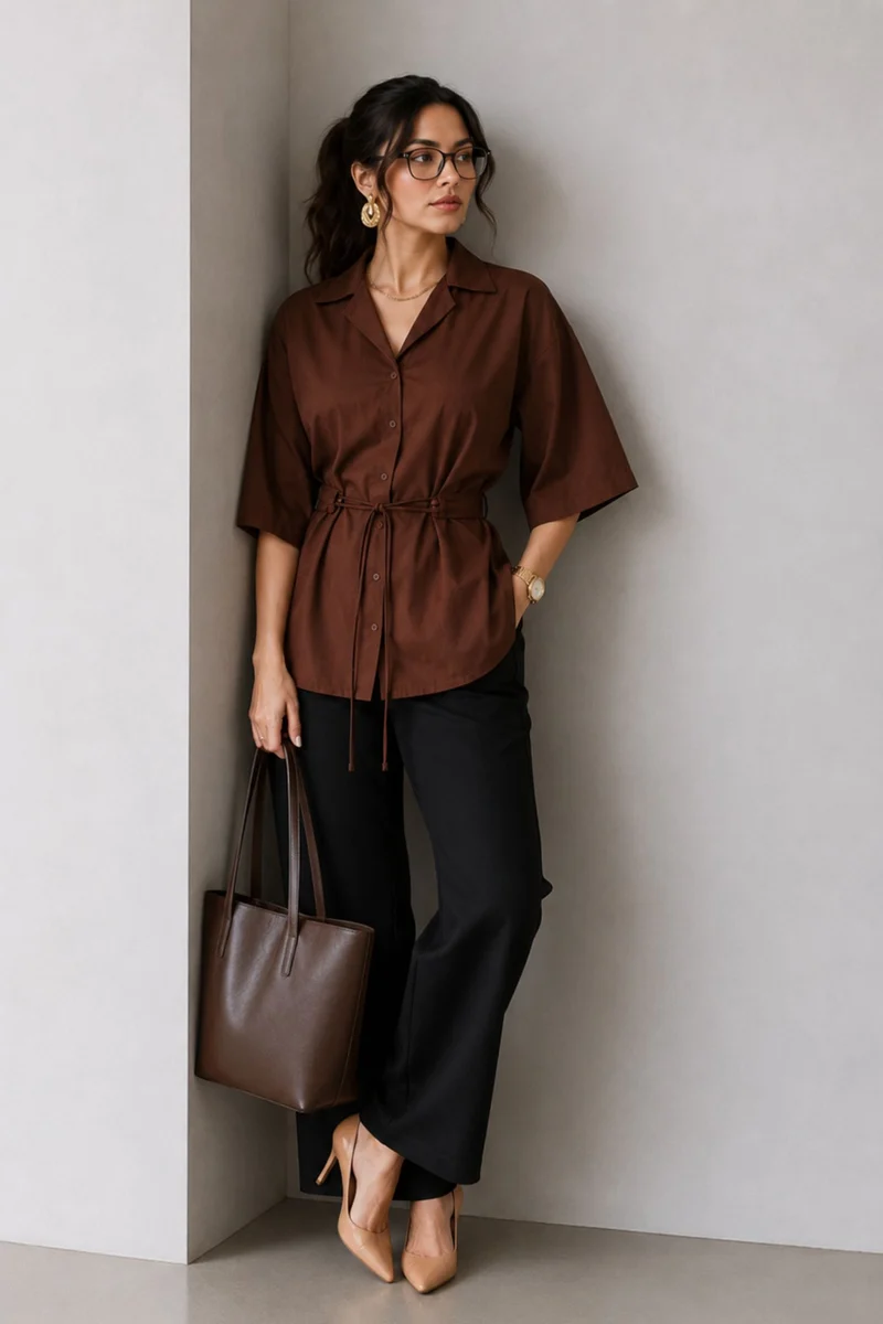 Taehi|100% Cotton Lapel Collar Shirt With Belt