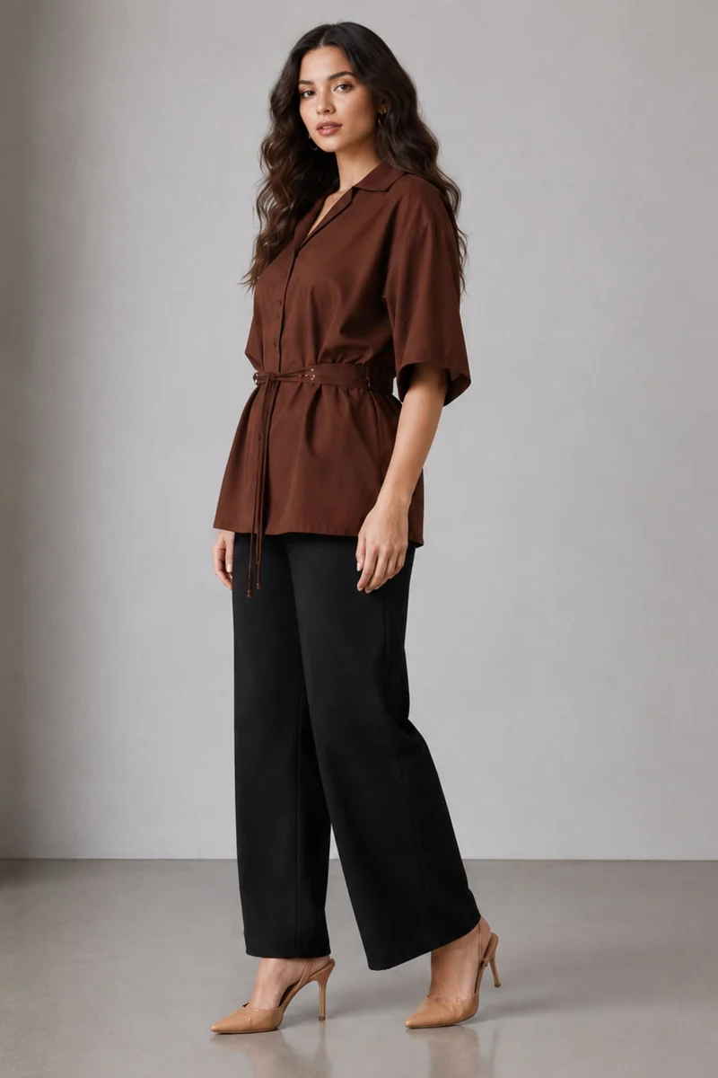 Taehi|100% Cotton Lapel Collar Shirt With Belt