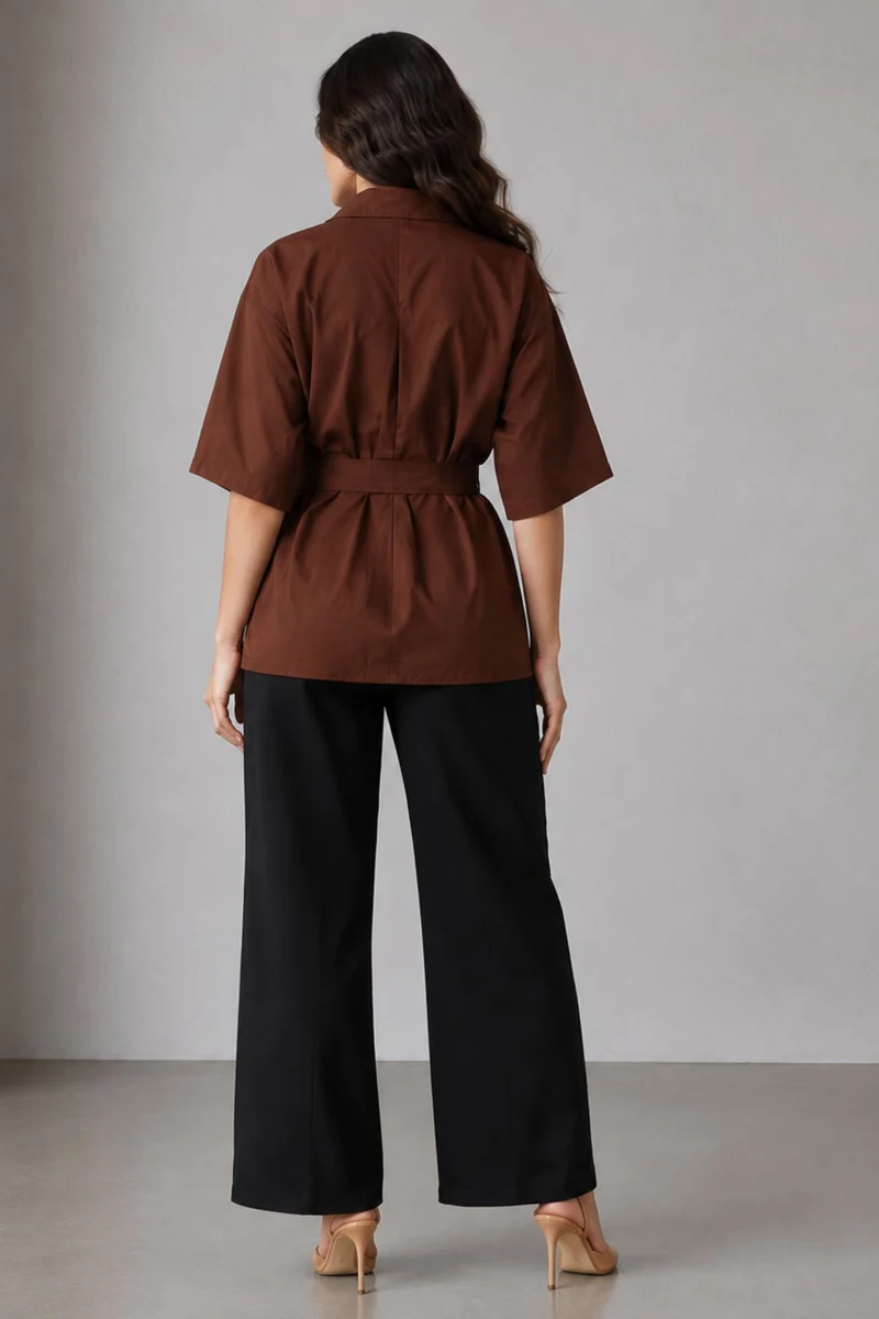 Taehi|100% Cotton Lapel Collar Shirt With Belt